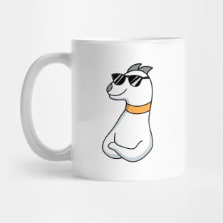 white cartoon dog with sunglasses and a yellow collar Mug